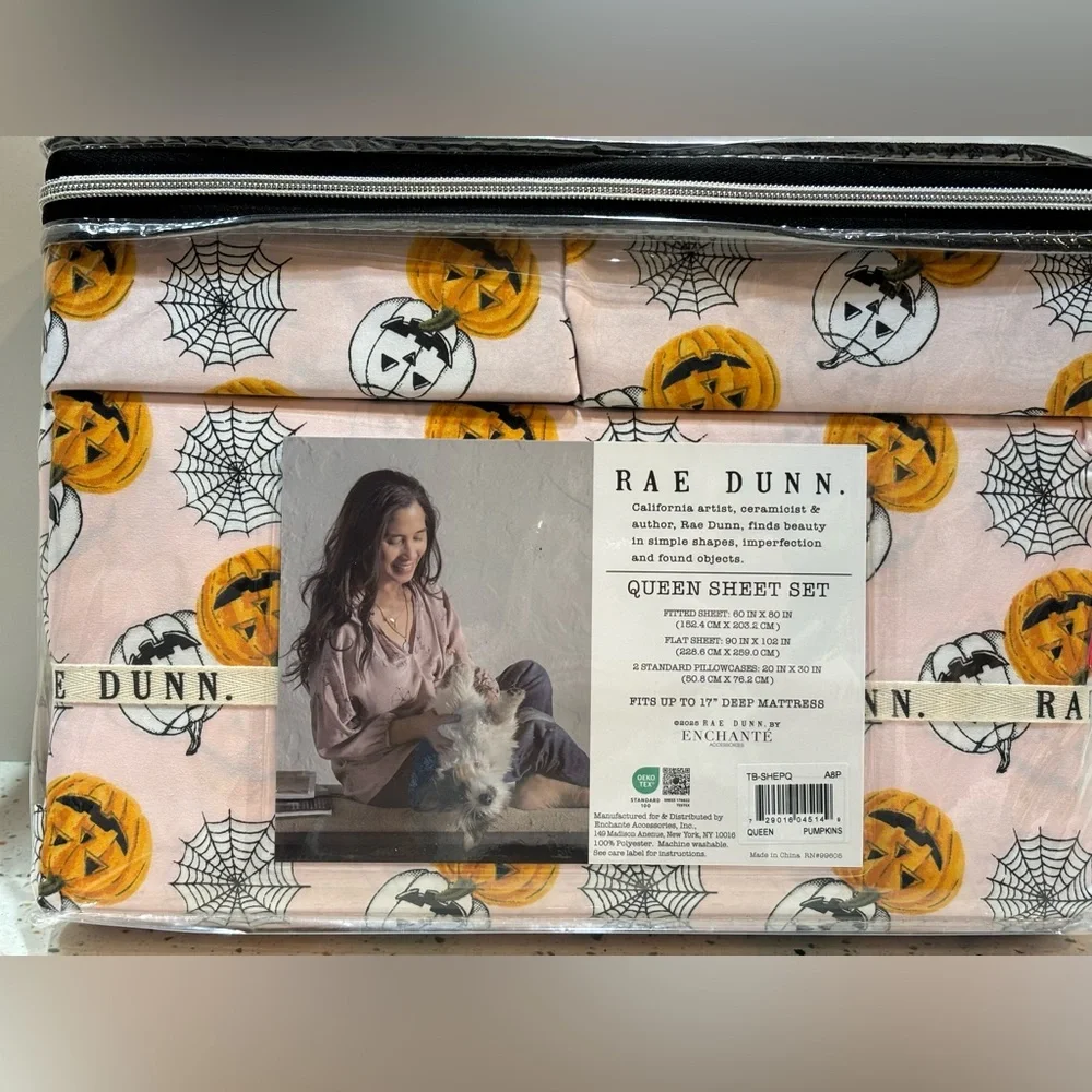Rae Dunn Pink Halloween Pumpkin & Spiderwebs Queen‎ Sheet Set